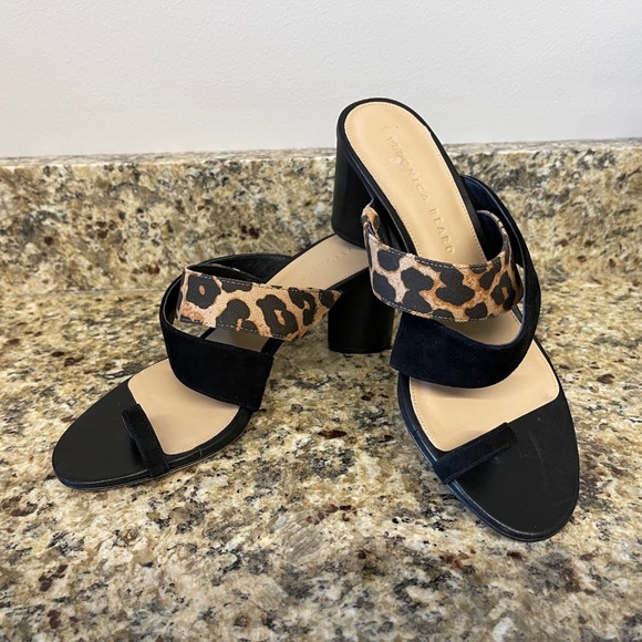 NWOB Veronica Beard Zuri Toe Ring Leopard Black Suede Sandals Heels Size 7M - Picture 6 of 13